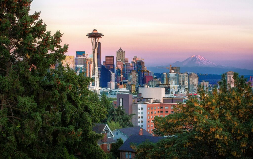 A view of Seattle with the Space Needle and Mt. Ranier in the background.